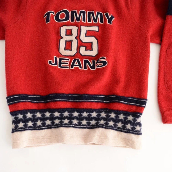 Vintage Tommy 85 Jeans Red & Blue 100% Lambswool Crewneck Sweater - Picture 7 of 15